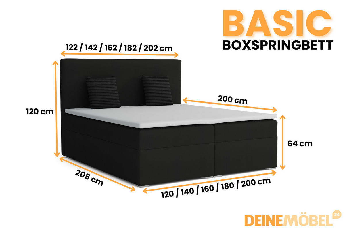 BOXBETT BASIC 160/200 Velours Schwarz mit Bonell-Federkernmatratzen H3 - Schwarz, Holz/Holzwerkstoff (160/200cm) - Deine Möbel 24