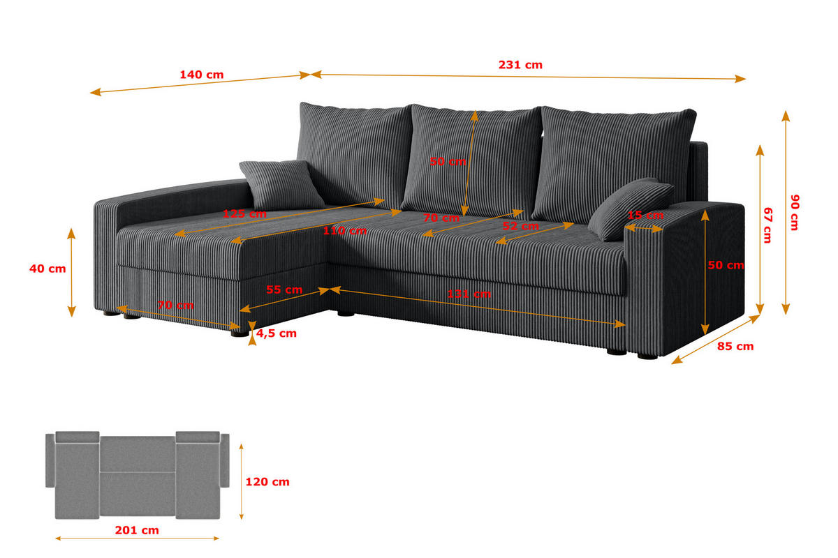 ECKSOFA mit Schlaffunktion und Bettkasten ALESIA-L 231x140x90 cm Grau Cord - Dunkelgrau/Silberfarben, Holzwerkstoff/Kunststoff (231/140cm) - ALTDECOR