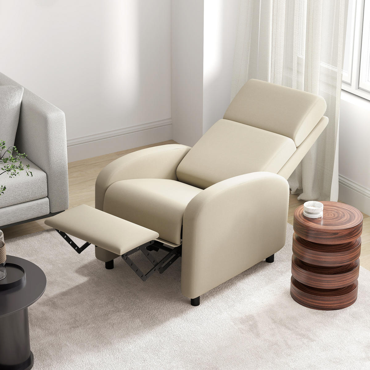 RELAXSESSEL gepolstert Fernsehsessel mit Liegefunktion bis 120 kg Belastbar - Creme/Schwarz, Kunststoff/Textil (64/102/86cm) - HOMCOM
