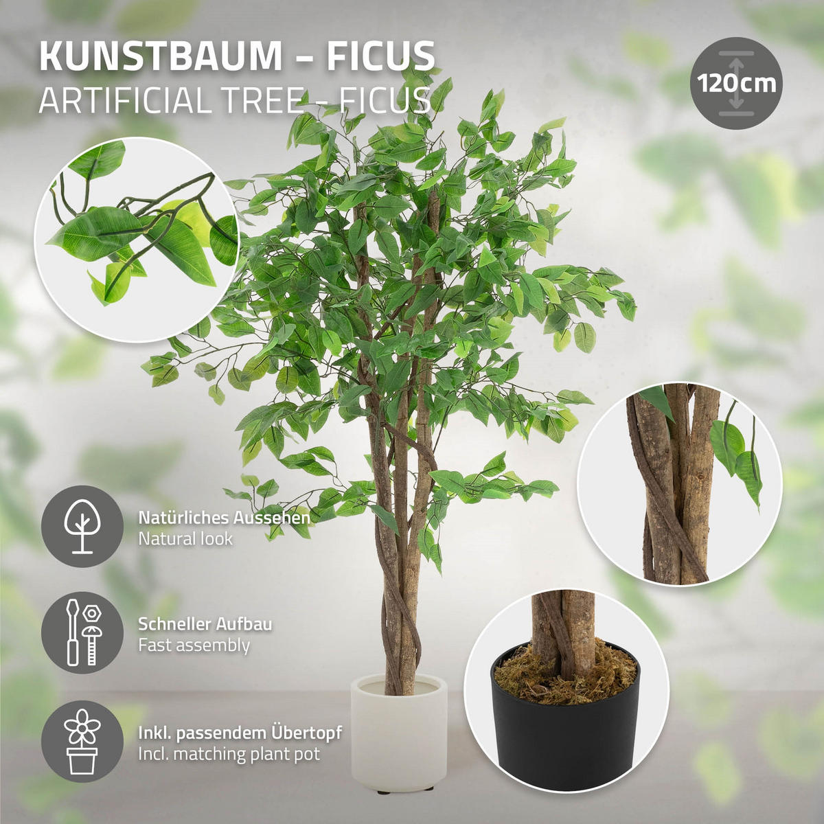 KUNSTPFLANZE Ficus 120 cm mit Naturholzstamm für Innen/Außen - Schwarz/Grün, Kunststoff/Textil (120cm) - ML-DESIGN