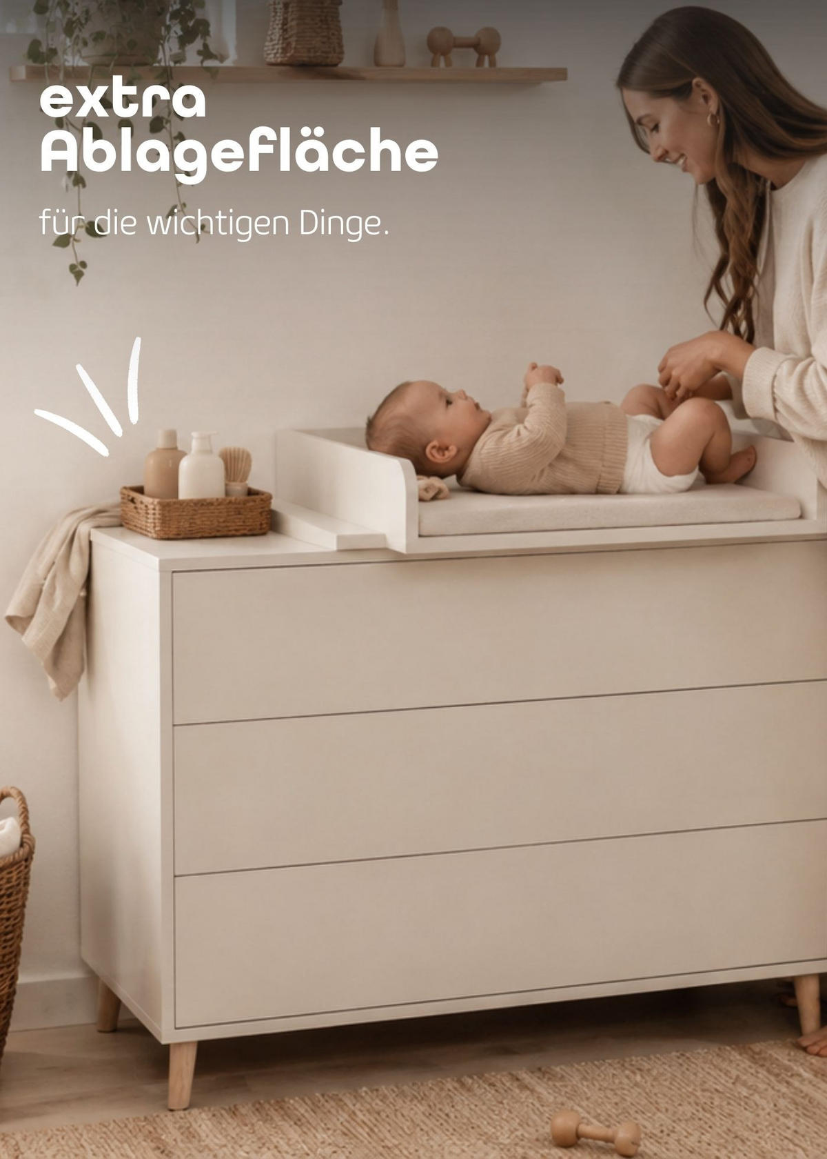 WICKELKOMMODE EDEN – Push-to-Open, Touch-Close, abnehmbarer Wickelaufsatz & Schubladen mit Fächern - sahara dust - Buchefarben/Sahara, Holzwerkstoff/Buchenholz (71/94/114cm) - Sämann – make a difference.