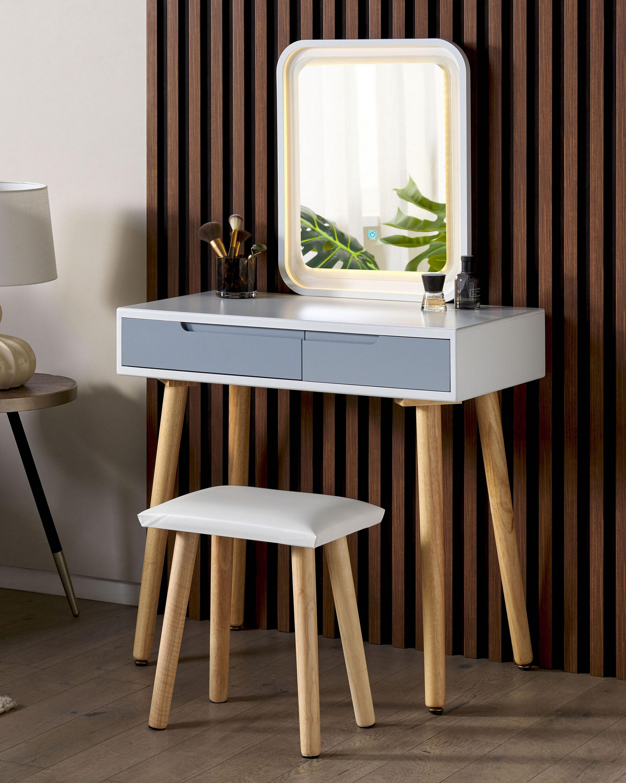 SCHMINKTISCH mit 2 Schubladen, LED-Spiegel und Hocker Weiß/Grau Dieppe - Hellbraun/Weiß, Holzwerkstoff (80/134/40cm) - Beliani