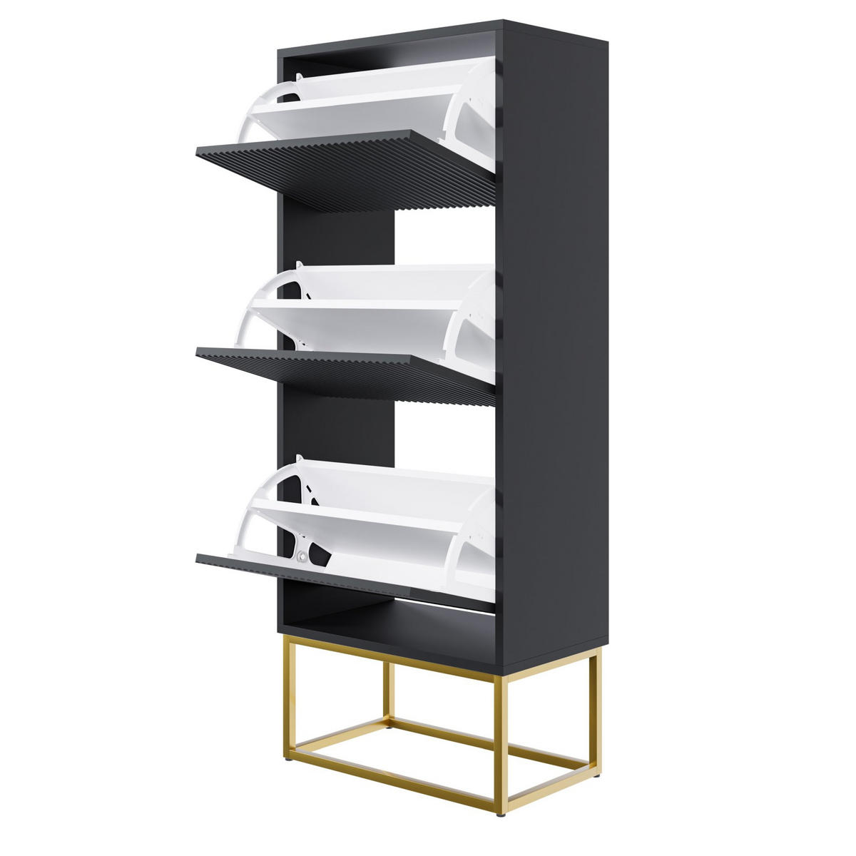 SCHUHSCHRANK Veldio mit 3 Klappen Schwarz mit goldenem Metallgestell 50 cm - Goldfarben/Schwarz, Holzwerkstoff/Metall (50/125/30cm) - Selsey