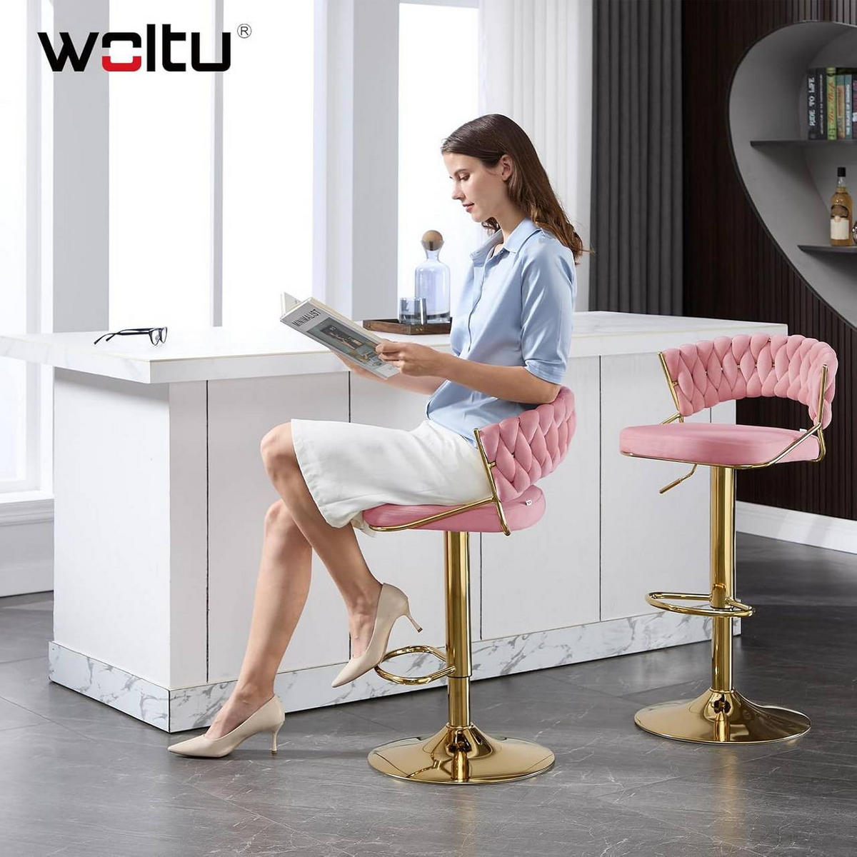 BARHOCKER 4er Set, mit geflochtener Rückenlehne, Samt, Rosa - Goldfarben/Rosa, Textil/Metall (48/83/46.5cm) - Woltu