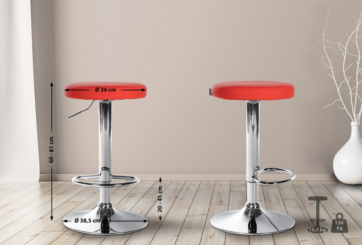 BARHOCKER Pontius Kunstleder chrom rot - Chromfarben/Rot, Kunststoff/Metall (38.5/81/38.5cm) - TPFLiving
