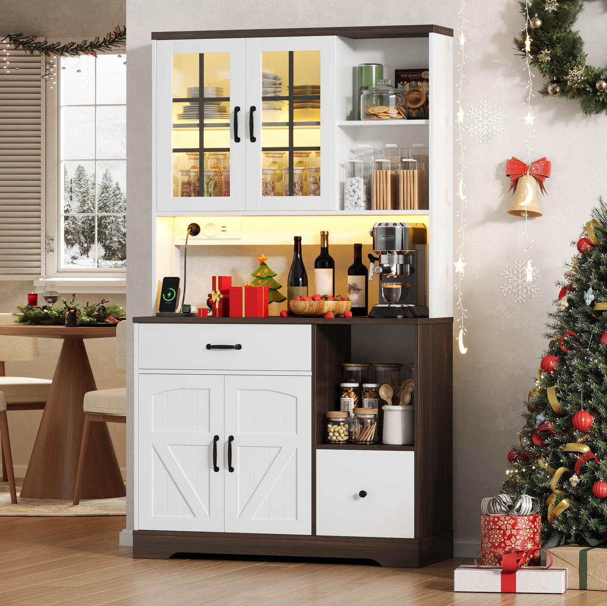 BUFFETSCHRANK 105/40/185 cm mit LED-Beleuchtung, Steckdosen, USB-Anschlüssen und verstellbaren Einlegeböden, Natur/Weiß - Naturfarben, Holzwerkstoff (105/185/40cm) - Redom