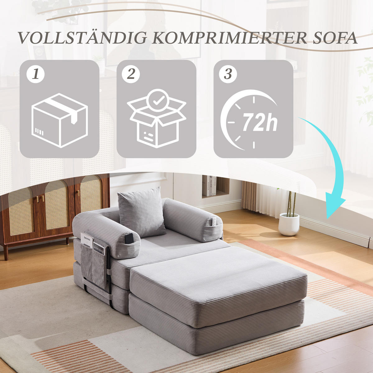 SOFA Cord Hellgrau mit Kissen und Hocker - Hellgrau, Textil/Metall (112/67/190cm) - WISHDOR