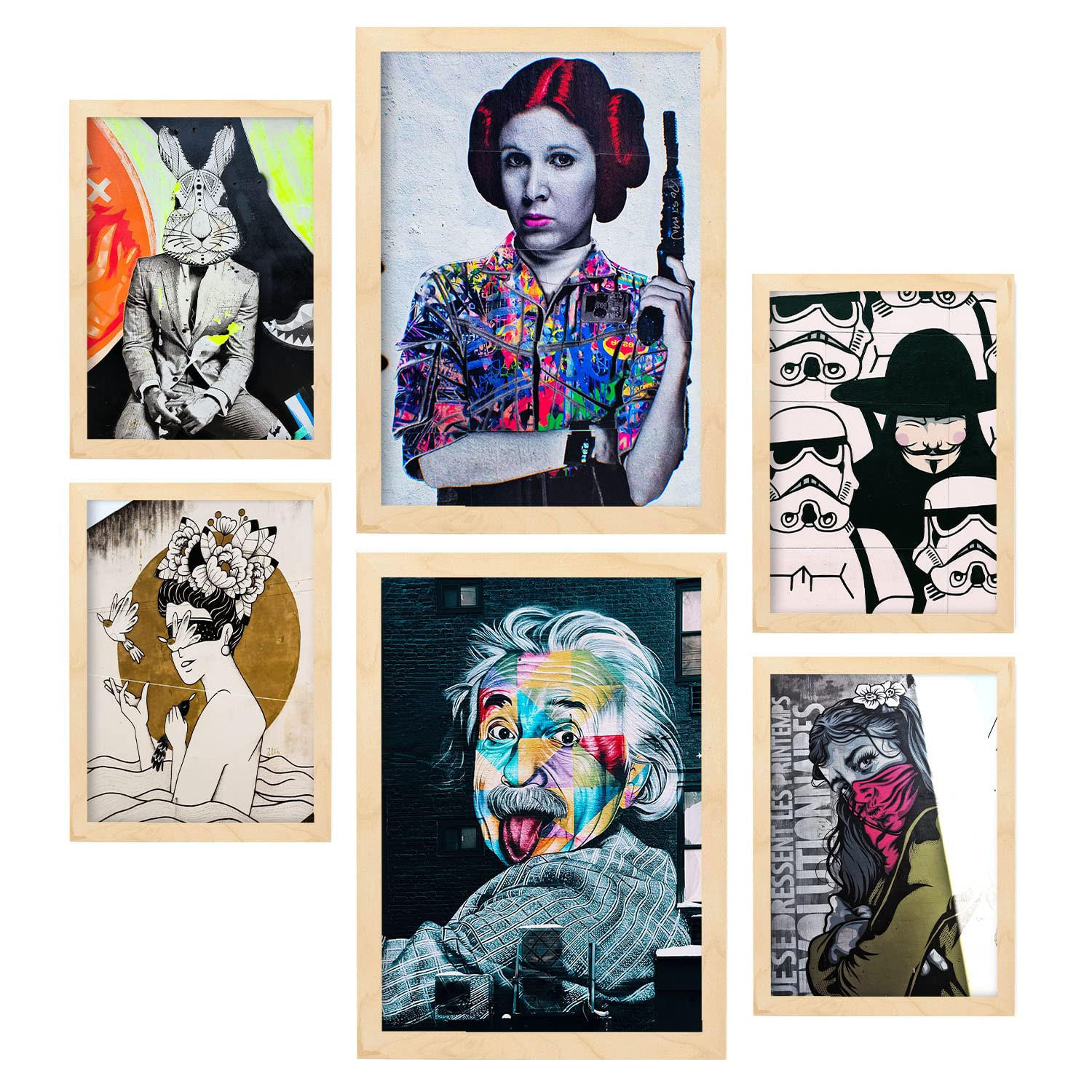POSTER Set Mit 6 Straßenkunst A3 & A4 Rahmen Aus Hellem Holz - Beige, Papier (29/3cm) - Nacnic