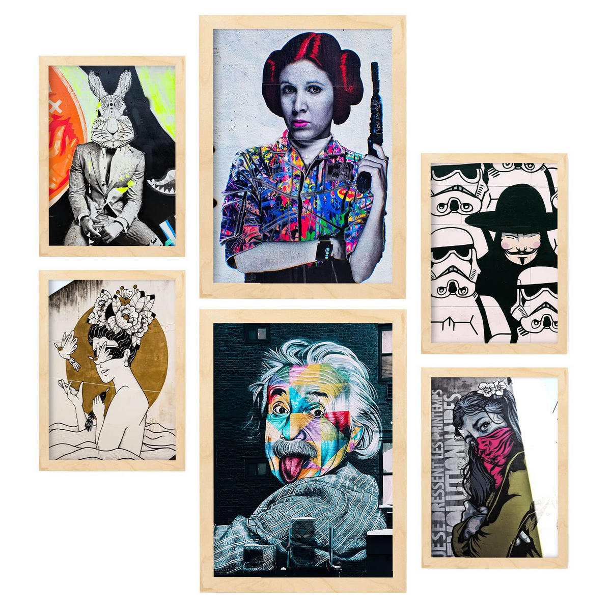 POSTER Set Mit 6 Straßenkunst A3 & A4 Rahmen Aus Hellem Holz - Beige, Papier (29/3cm) - Nacnic