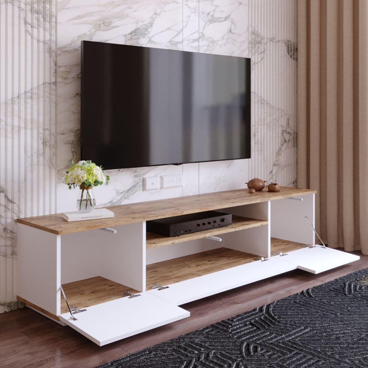 TV-BOARD - 180 cm x 44.5 cm - holz - naturfarben hell, weiß Lotula - Naturfarben/Weiß, Holz (180/44.6/44.5cm) - Vente-Unique