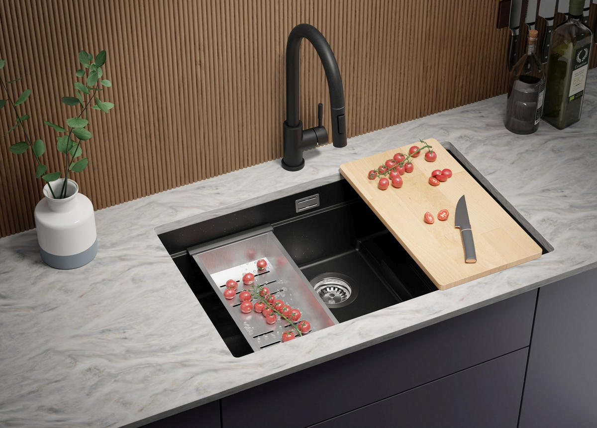 UNTERBAUSPÜLE GRANIT Praga, 2-er set Schwarz Metallic 76/47 cm 1 Becken + Ablauf-Set + Aufrollbare Abtropffläche ab 80er Unterschrank - Chromfarben/Schwarz Hochglanz, Kunststoff (76/20/47cm) - Primagran