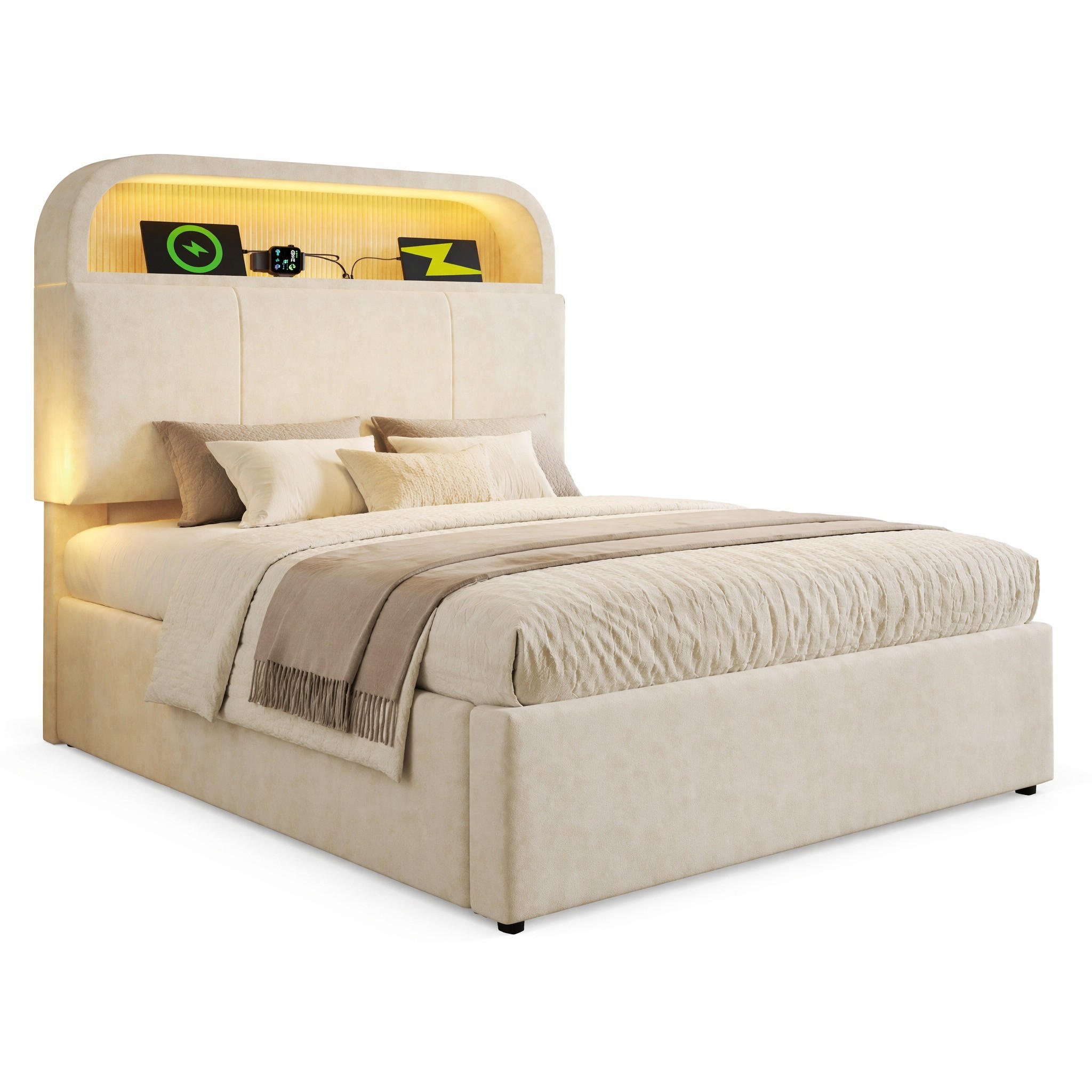 POLSTERBETT 90/200 cm in Beige mit Bettkasten, LED und USB aus Samt - Beige, Holzwerkstoff/Textil (90/200cm) - STILVORA
