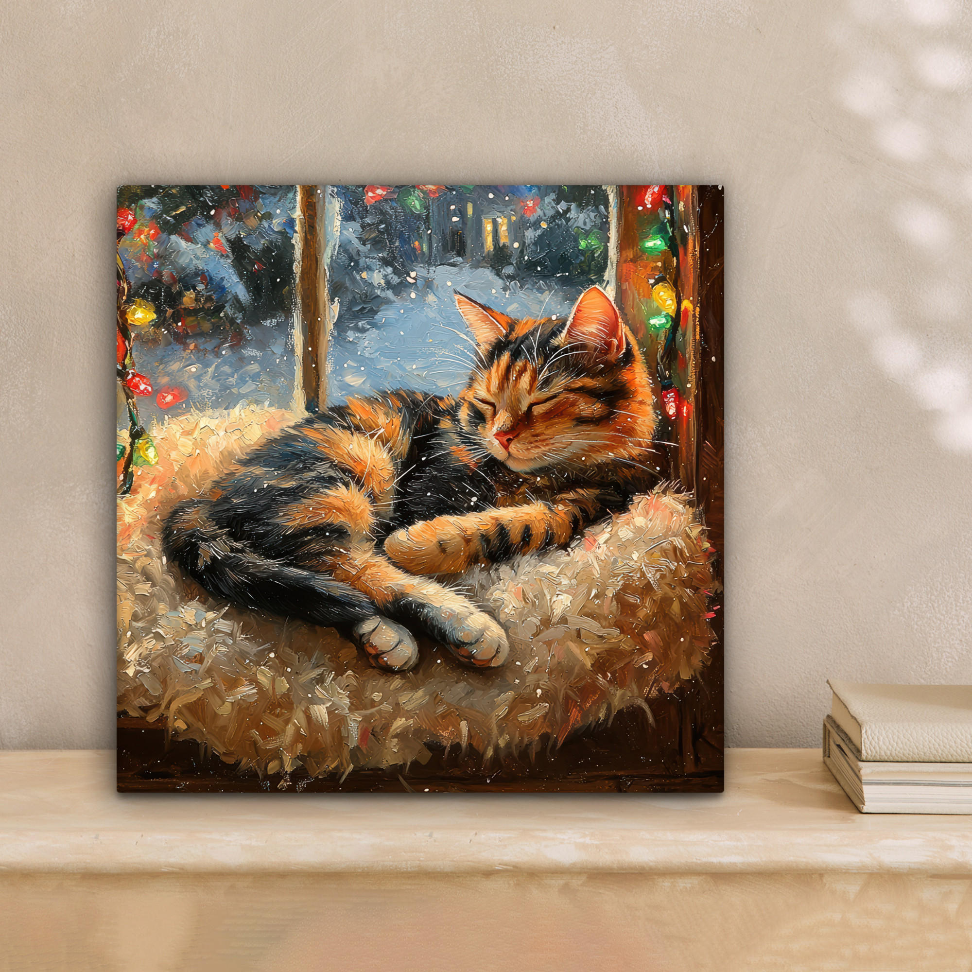 LEINWANDBILD Katze - Weihnachten - Winter - Tier 20x20 cm - Bernsteinfarben, Textil (20/20cm) - MuchoWow