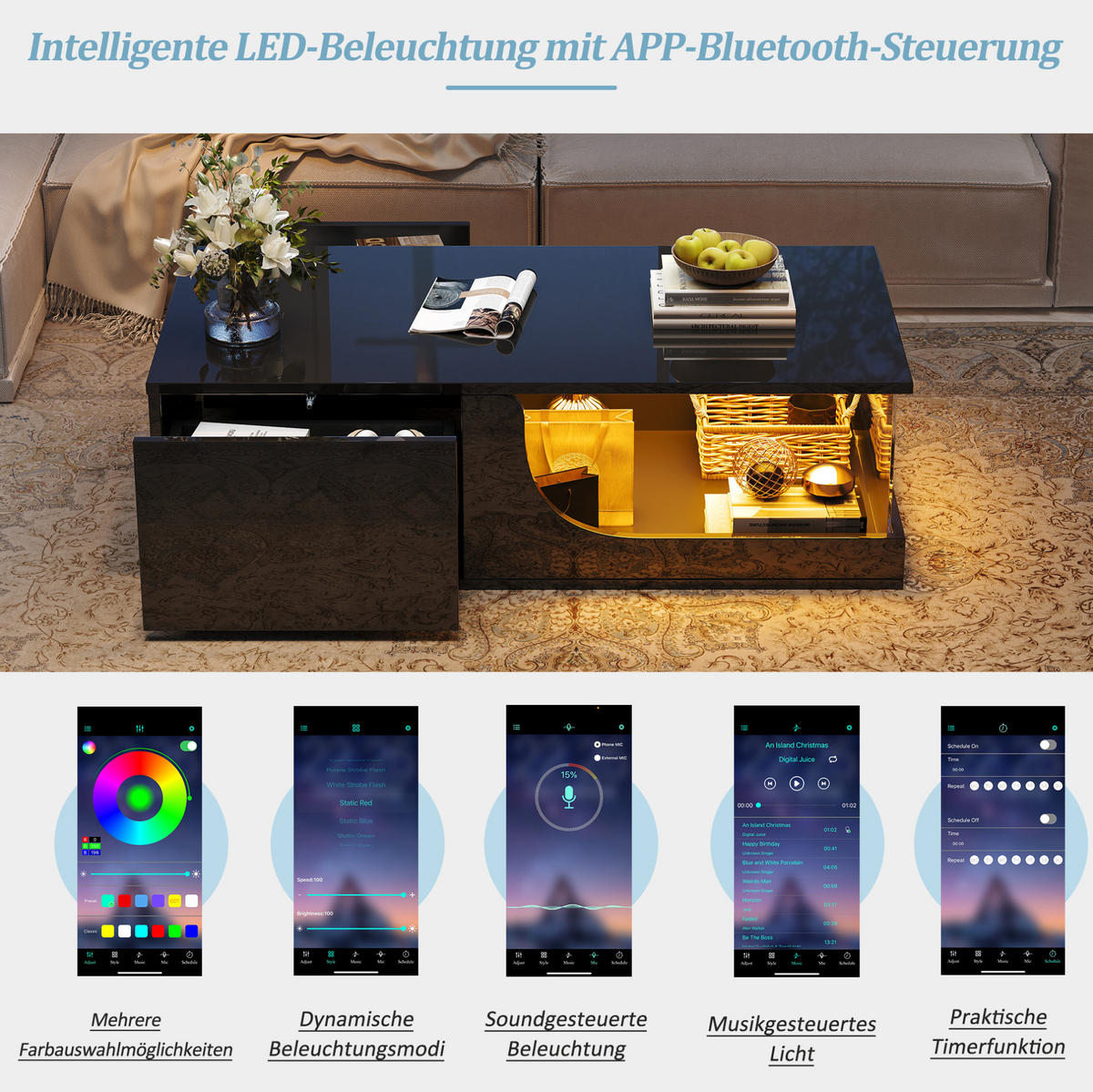 COUCHTISCH aus MDF und Glas 100x50x30 cm in Schwarz mit LED & 2 Schubladen - Schwarz, Holzwerkstoff (100/50/30cm) - Modfu