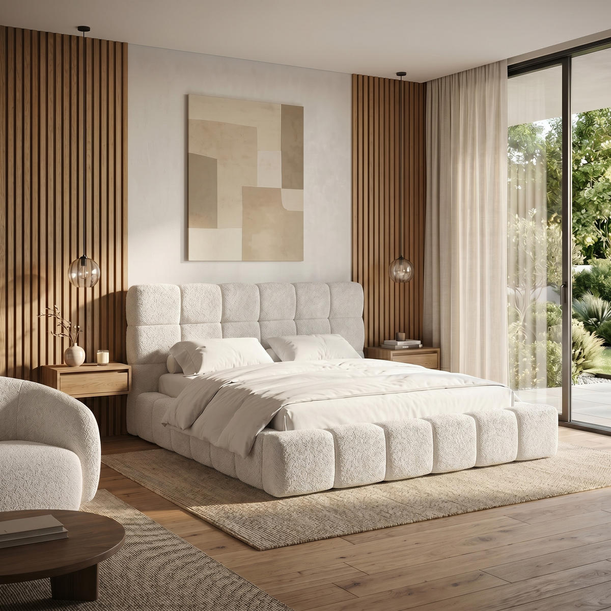 POLSTERBETT AMITY MAXI 140x200 cm in Creme, gepolstertes Kopfteil, Lattenrost, Bettkasten, Bouclé-Stoff - Creme/Naturfarben, Holz/Textil (140/200cm) - Muffo