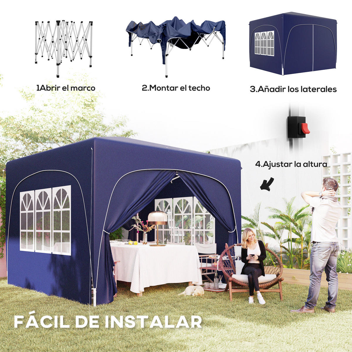 FALTPAVILLON, 3x3m, UPF50+ Seitenwände, höhenverstellbar, Tragetasche, Dunkelblau - Multicolor, Metall (300/273/300cm) - FORIOUS