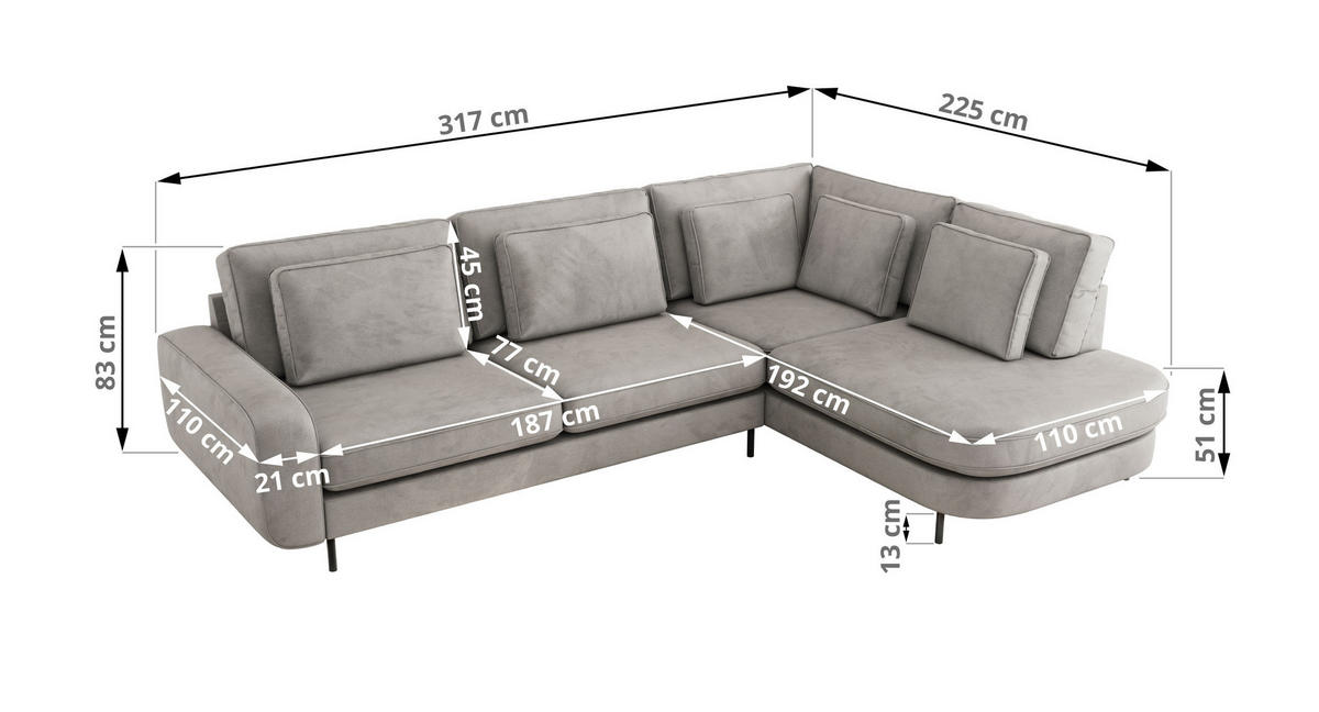 ROHOVÁ SEDAČKA CALENO L - Světle šedá Samet - Levá Strana - černá/světle šedá, kov/textil (317/225cm) - MKS