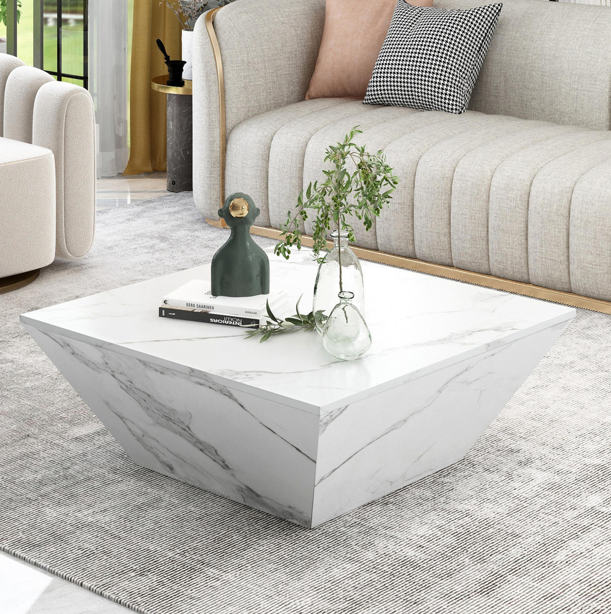 COUCHTISCH 70/70/37 cm in Weiß mit 2 Schubladen und Marmormuster - Weiß, Holzwerkstoff (70/70/37cm) - Flora Grace