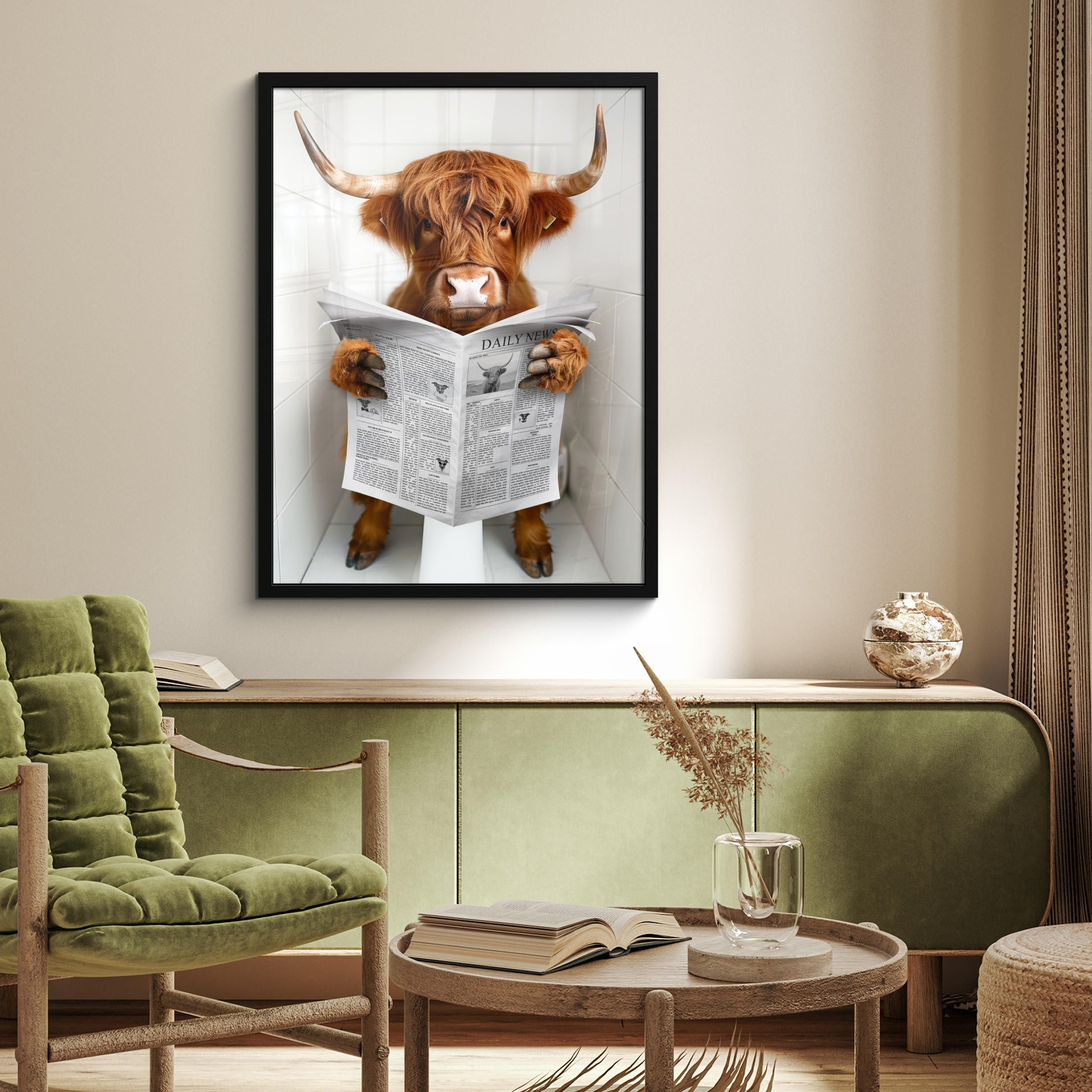 GERAHMTES BILD Schottisches Hochlandrind - Tier - Zeitung - Toilette 60x80 cm - Kastanienfarben, Papier (60/80cm) - MuchoWow