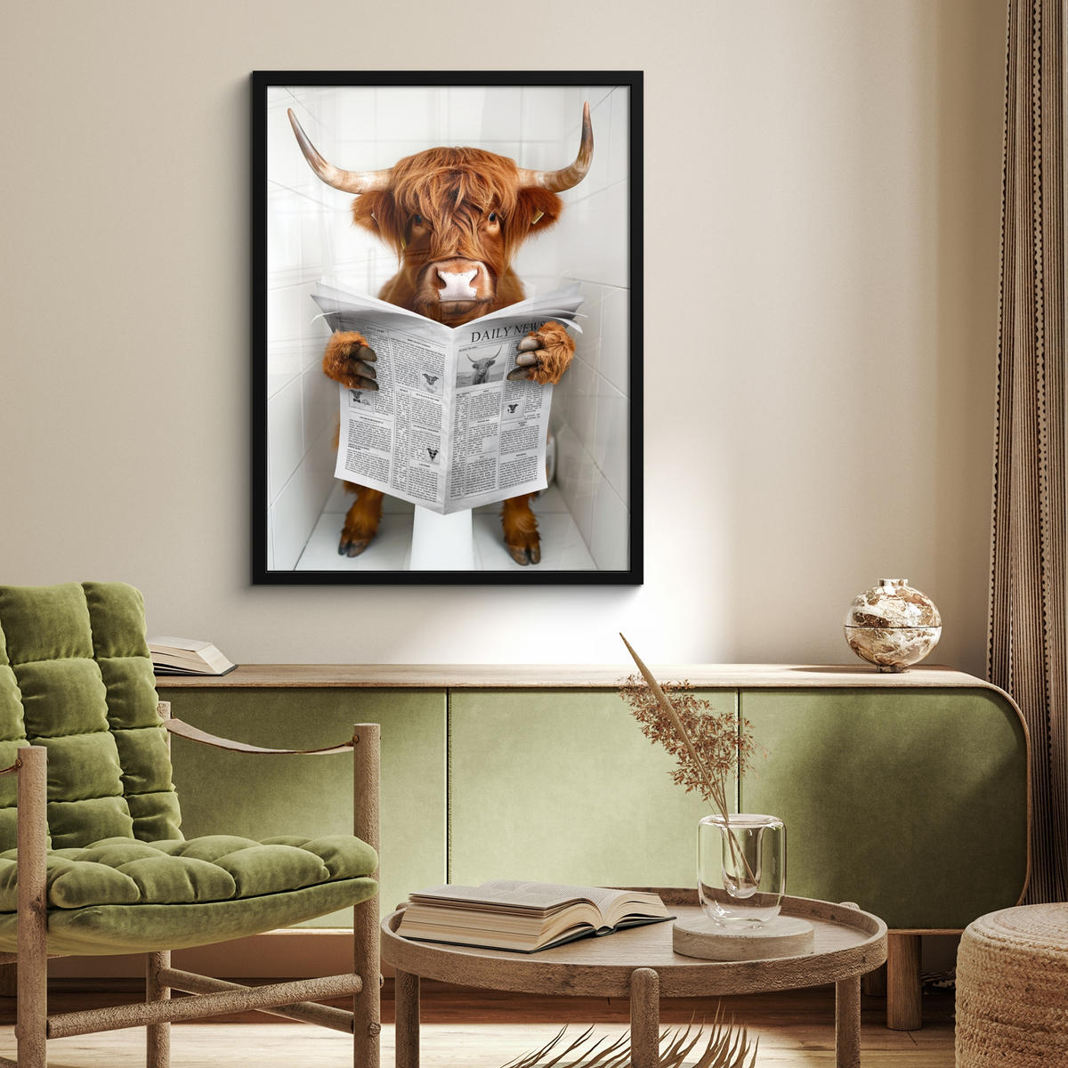 GERAHMTES BILD Schottisches Hochlandrind - Tier - Zeitung - Toilette 60x80 cm - Kastanienfarben, Papier (60/80cm) - MuchoWow