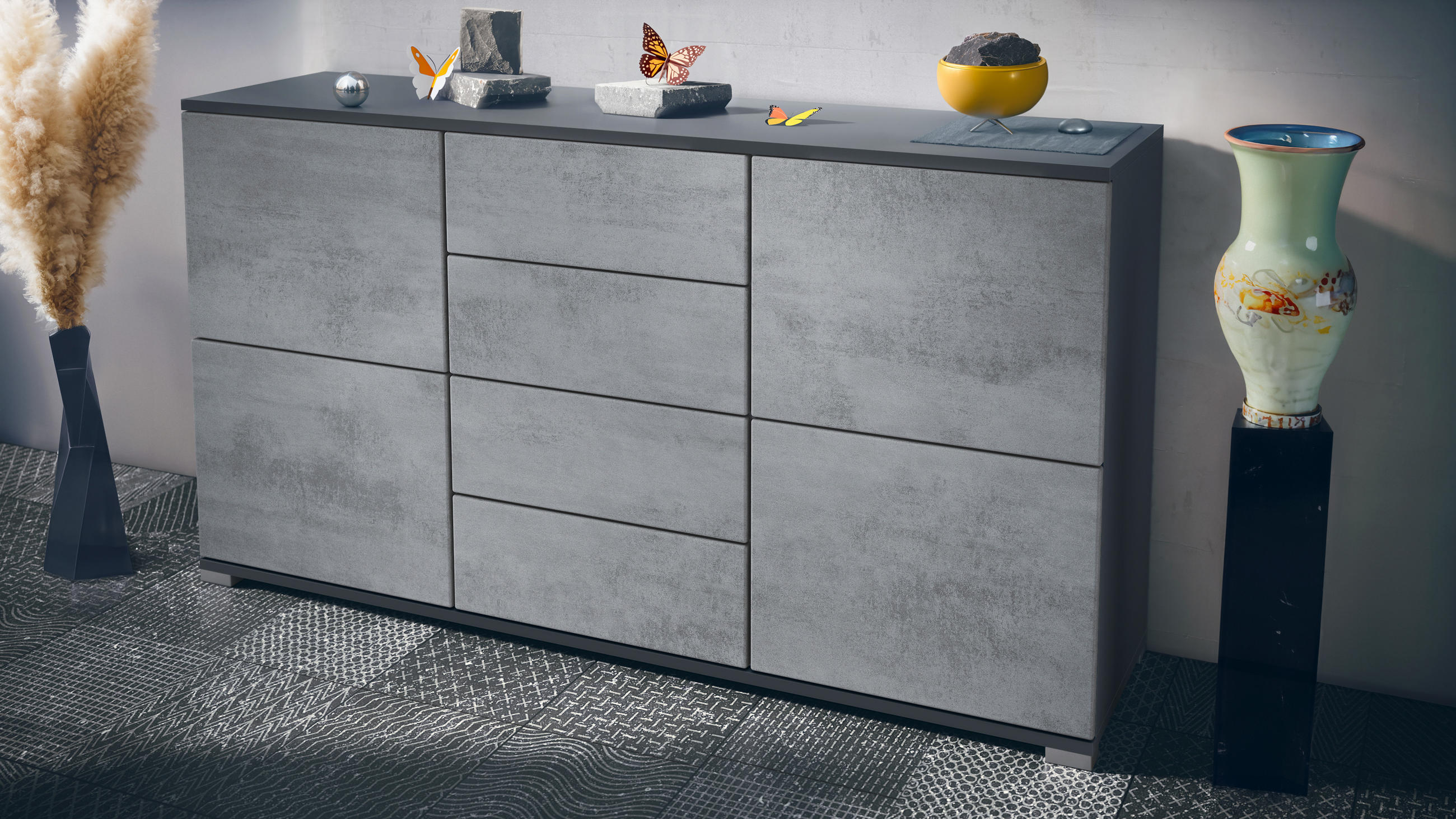 SIDEBOARD Rova Beton Oxid Optik - Hellgrau, Holzwerkstoff (138.5/75.5/35cm) - Vladon