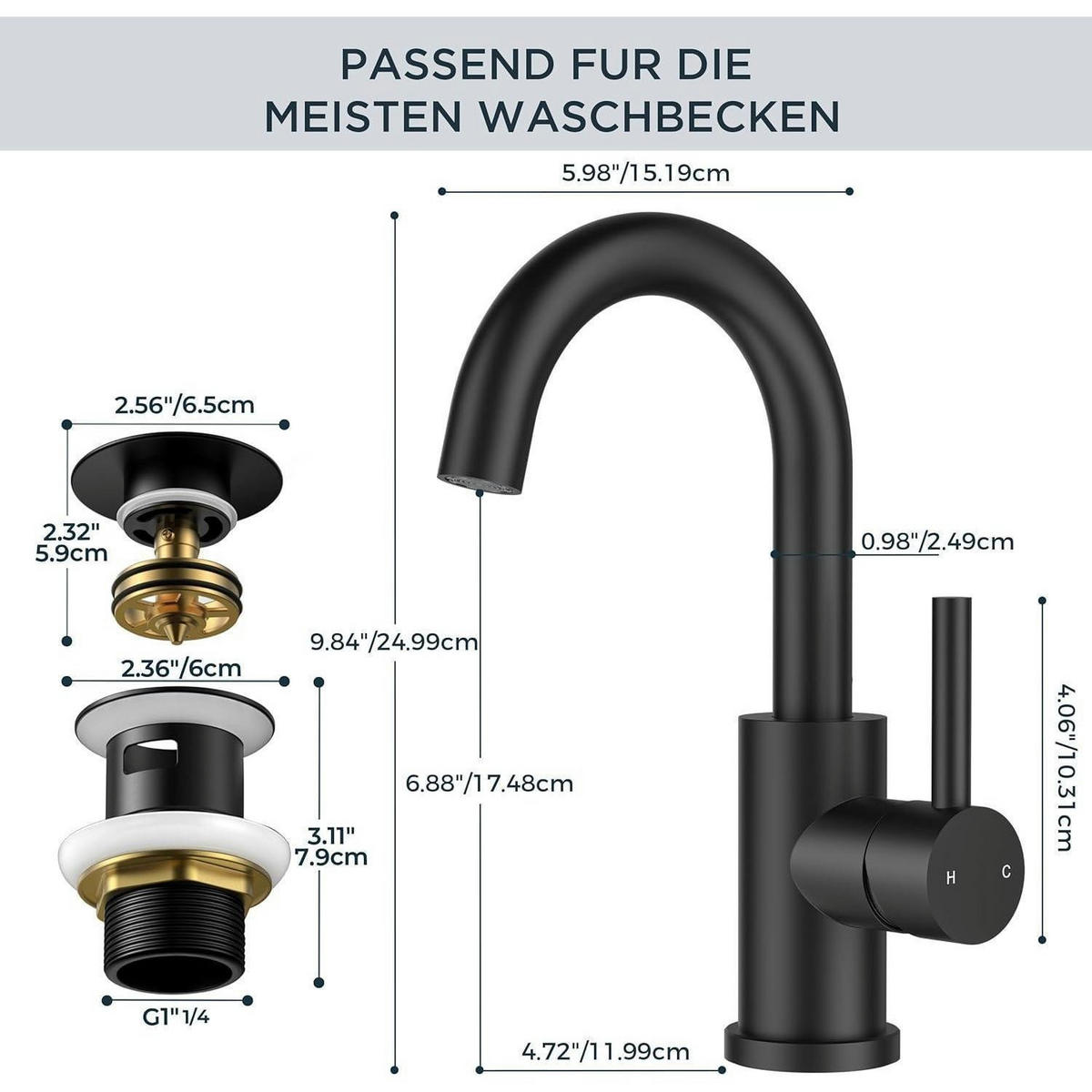 WASCHTISCHARMATUR Hoch Matt-Schwarz mit Ablaufgarnitur 175mm - Schwarz, Metall (15.1/17.5/25cm)