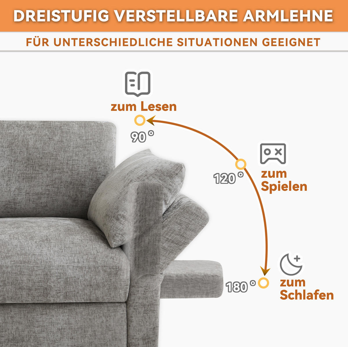 MODULARES Ecksofa 284/156,5/86 cm aus Chenille mit verstellbaren Armlehnen Grau - Grau, Textil (156.5/284cm) - Modenvie