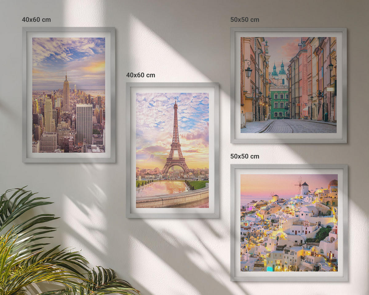 WANDBILDER 4er Set - 50x50 cm & 40x60 cm Silberner Rahmen - New York Paris Oia Warschau Dämmerung - Silberfarben, Kunststoff (50/50cm) - ArtPrintCave