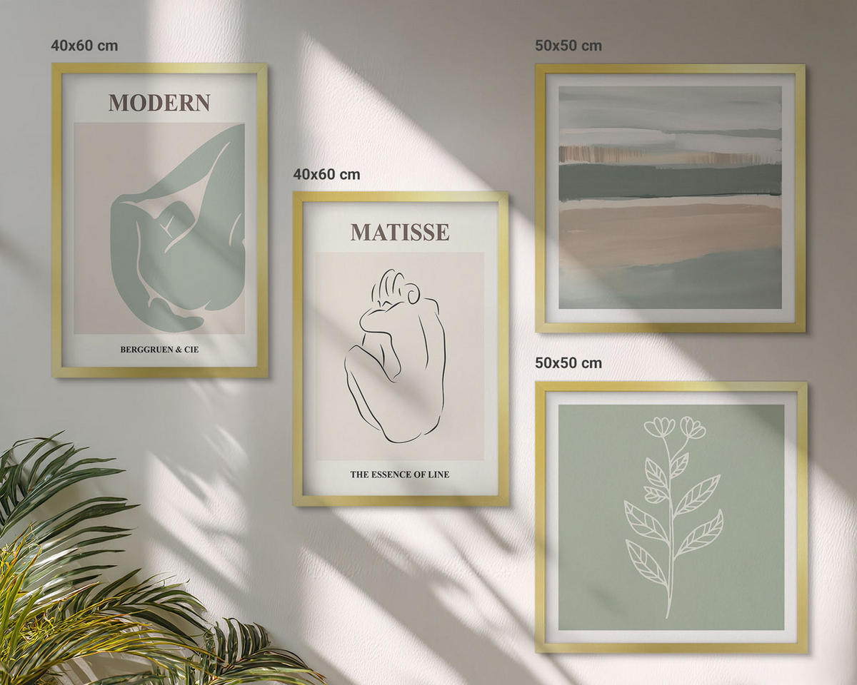WANDBILDER 4er Set - 50x50 cm & 40x60 cm Goldrahmen - Abstrakte Pflanzenformen - Goldfarben, Kunststoff (50/50cm) - ArtPrintCave