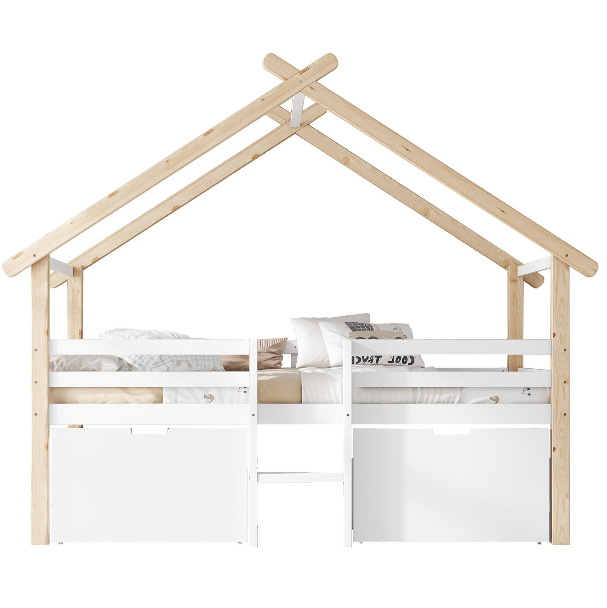 KINDERBETT 90/200 cm mit Hausdach, Treppe, 2 Schließfächern und Rundum-Absturzsicherung, Weiß/Natur - Weiß, Holzwerkstoff (90/200cm) - Redom