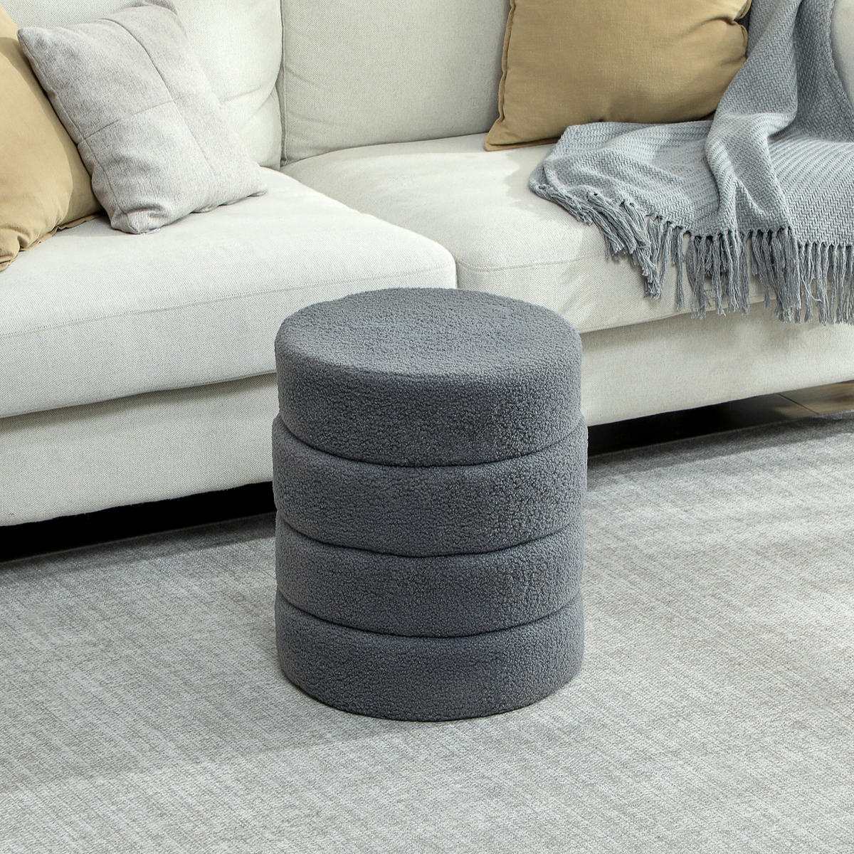SITZHOCKER, Fußhocker, Runder Polsterhocker, Fußstütze mit Sitzkissen - Dunkelgrau/Naturfarben, Holz/Textil (40/45/40cm) - HOMCOM