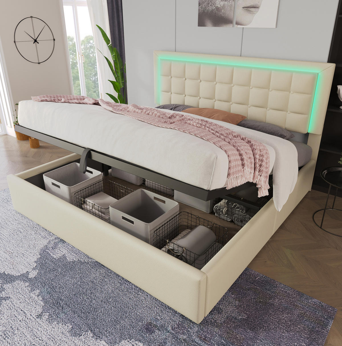 POLSTERBETT aus Kunstleder 180x200 cm in Weiß mit LED-Beleuchtung & Stauraum - Beige, Leder (180/200cm) - Modfu