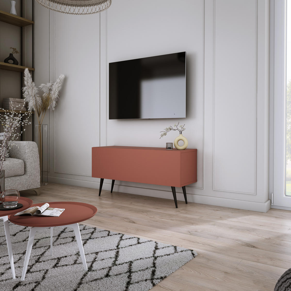 TV-SCHRANK : Ziegelrot, 100 x 52 x 32 cm, schwarze Beine - Rot/Schwarz, Holzwerkstoff/Metall (100/52/32cm) - 3XE LIVING