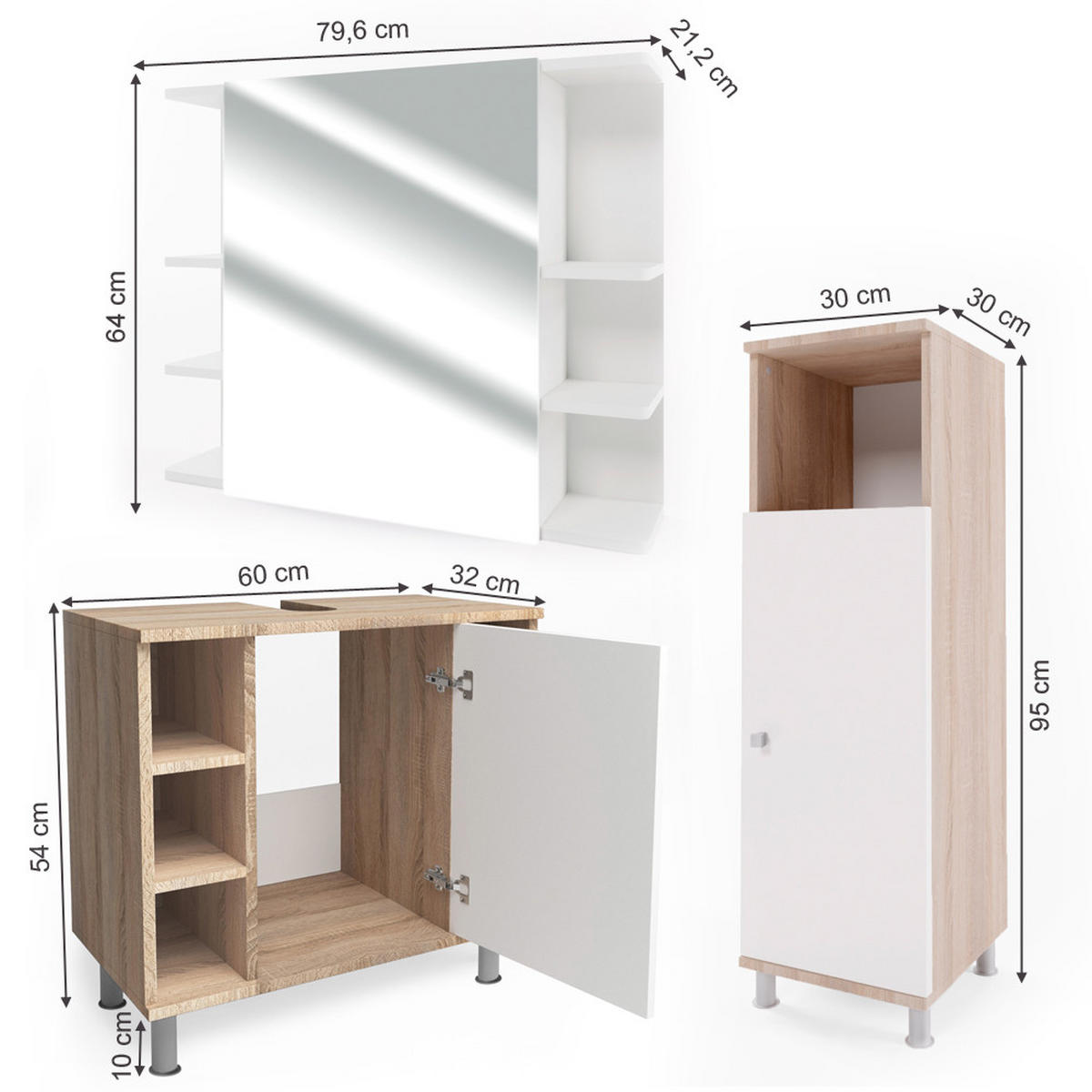 BADMÖBEL-SET Fynn Sonoma 3 Teile, mit Midischrank - Weiß/Sonoma Eiche, Holzwerkstoff (60/54/32cm) - Vicco