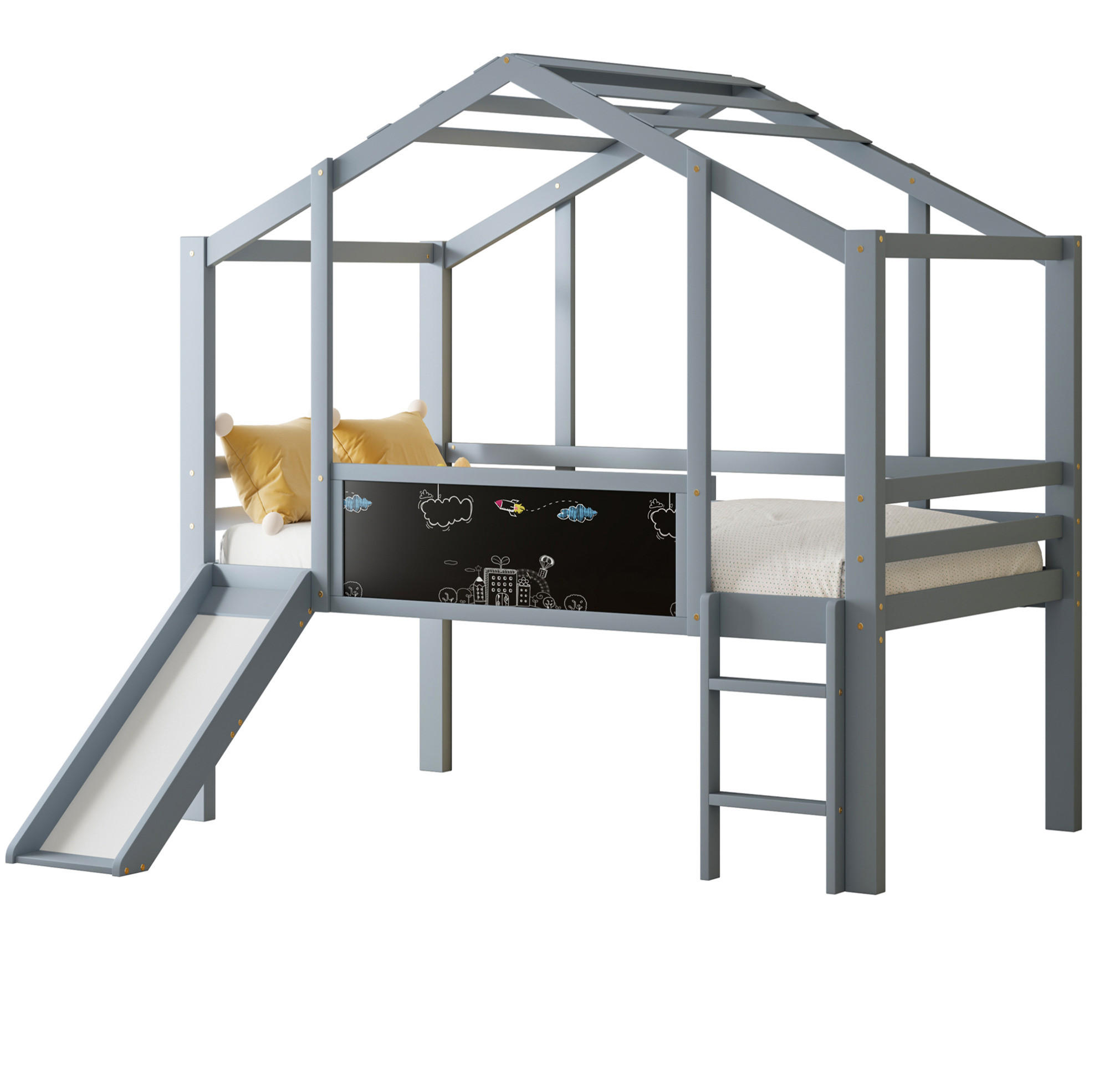 HAUSBETT 90/200 cm Grau aus Massivholz mit Rutsche und Tafel - Grau, Holz (90/200cm) - OKMYHOME