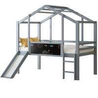 HAUSBETT 90/200 cm Grau aus Massivholz mit Rutsche und Tafel - Grau, Holz (90/200cm) - OKMYHOME