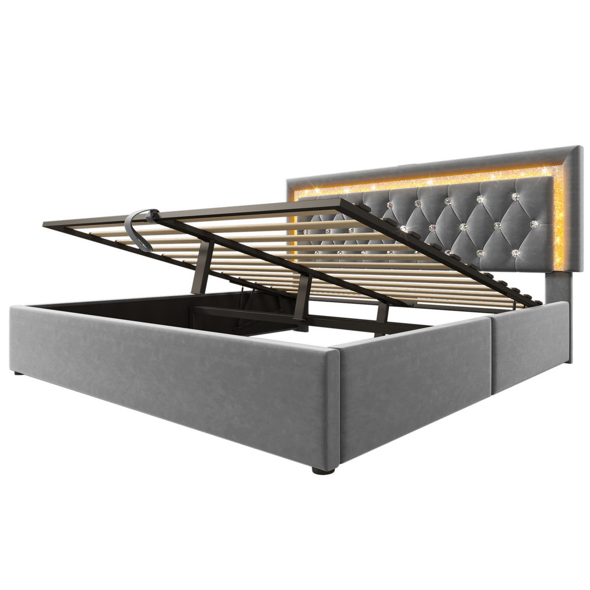 POLSTERBETT 160/200 cm aus Samt mit LED-Beleuchtung, USB-Type-C Ladestation und Bettkasten und Matratze, Grau - Grau, Textil (160/200cm) - Redom