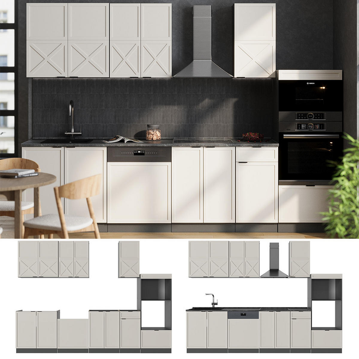 KÜCHENZEILE Fame-Line GrauBeige/Anthrazit 300 cm mit Hochschrank ohne AP - Anthrazit/Grau, Holzwerkstoff (300/81.6/46cm) - Vicco