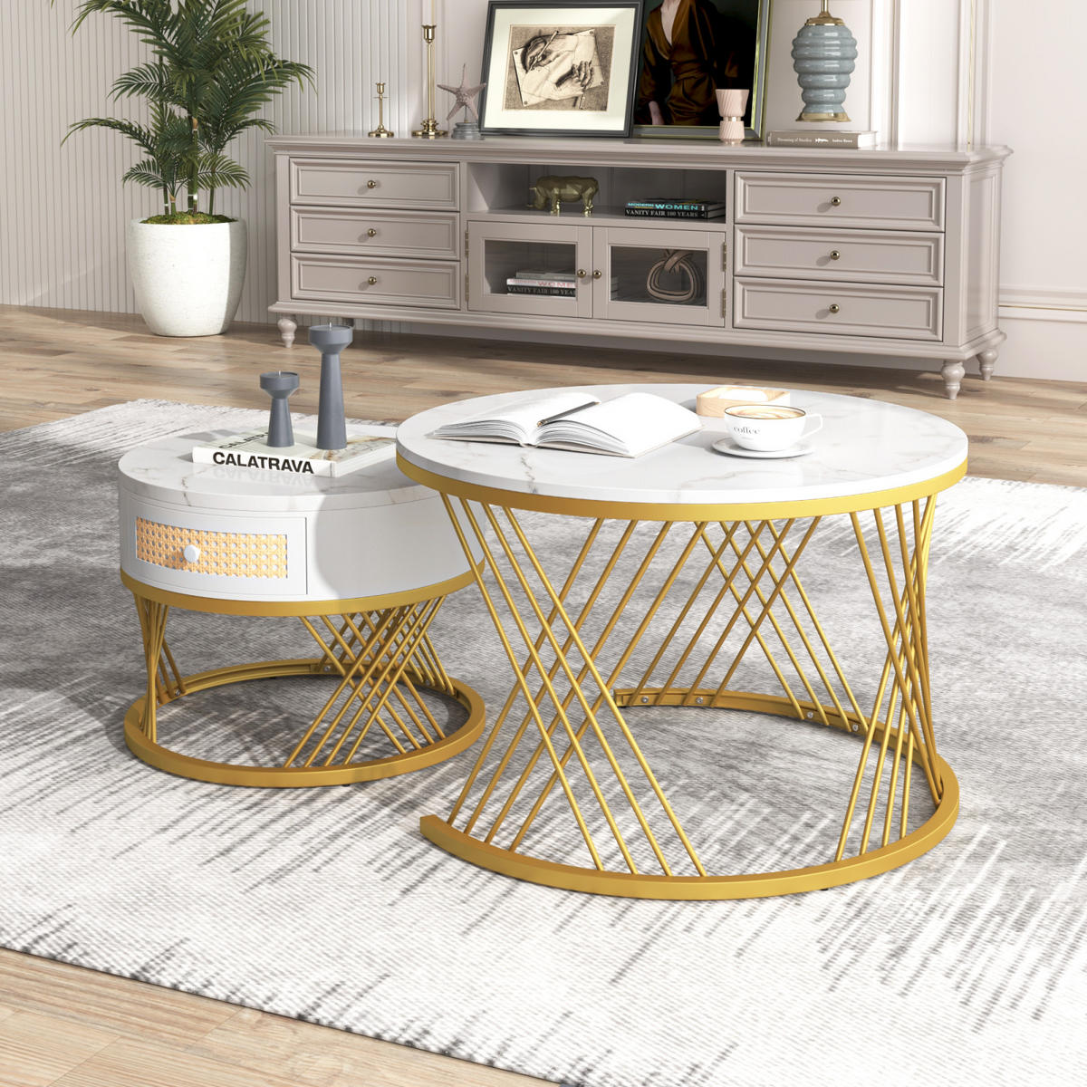 COUCHTISCH-SET Weiß Gold mit Rattan-Schublade - Weiß, Metall (70/70/45cm)