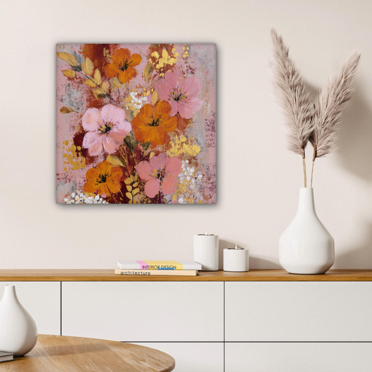 LEINWANDBILD Malerei - Blumen - Rustikal - Rosa Wandbild Wohnzimmer 50x50 cm - Altrosa, Textil (50/50cm) - MuchoWow