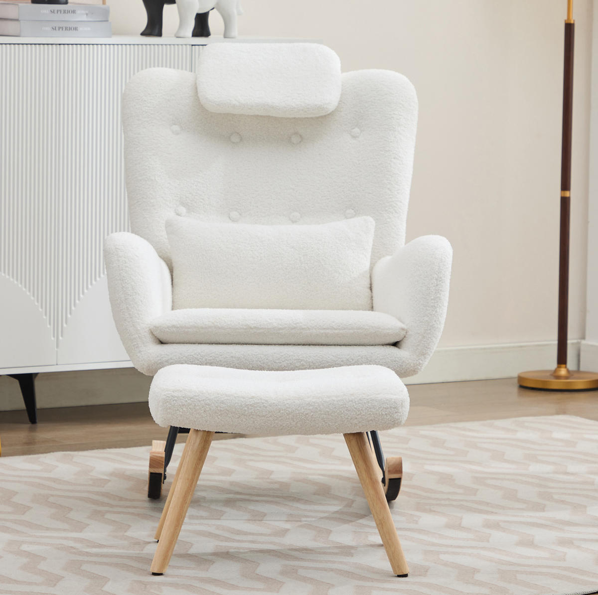 RELAX-SCHAUKELSTUHL 73/92/102 cm mit Hocker und Teddybezug – bis 100 kg belastbar - Weiß, Textil (92/102/73cm) - BEAOK