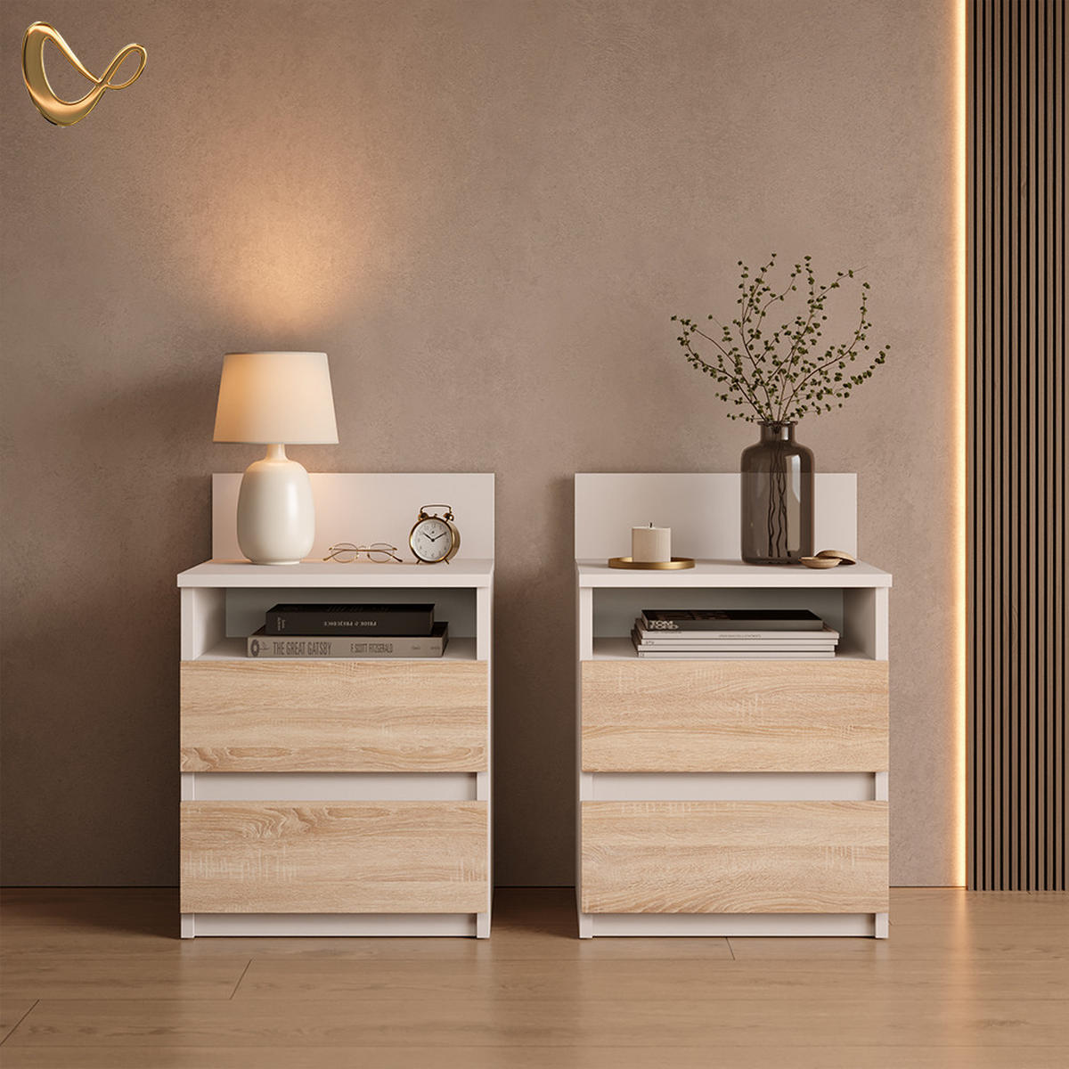 NACHTTISCH Roya, Weiß/Sonoma, 2er Set - Weiß/Sonoma Eiche, Holzwerkstoff (39.6/59.1/32.3cm) - Livinity®