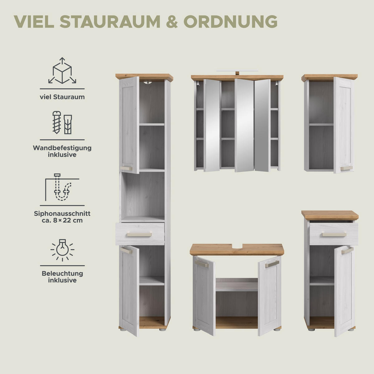 BAD-SET inkl. Beleuchtung VERONA 6-tlg. (B/H/T: ca. 180/187/34 cm) in Sibiu Lärche Nachbildung/Sibiu Lärche Nachbildung - Lärchefarben, Holzwerkstoff (180/187/34cm) - Homes & Jones
