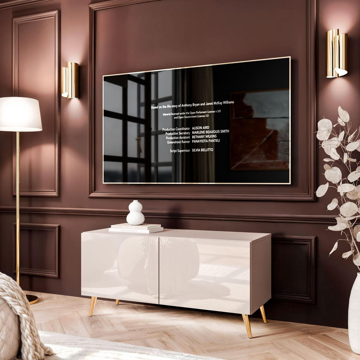 TV-SCHRANK COLGANTE 100 Kaschmir Hochglanz, mit LED, Schräge goldene Füßen - Kaschmir/Goldfarben, Holzwerkstoff (100/49/40cm) - Lookway