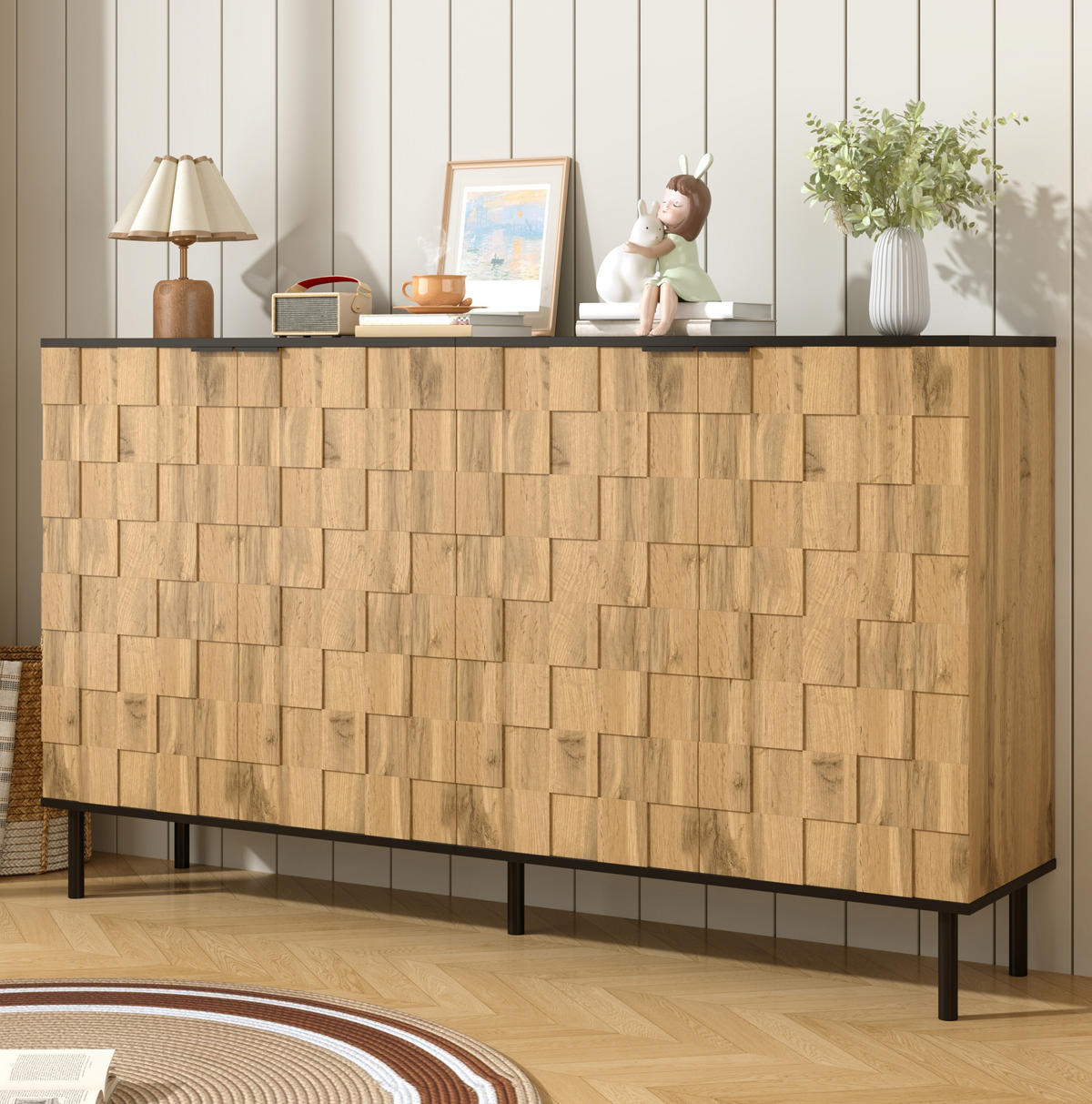 SIDEBOARD 160/35/80,5 cm mit 2 Türen, Mosaikfront und Metallfüßen, Natur/Schwarz - Naturfarben, Holzwerkstoff (160/80/35cm) - Redom