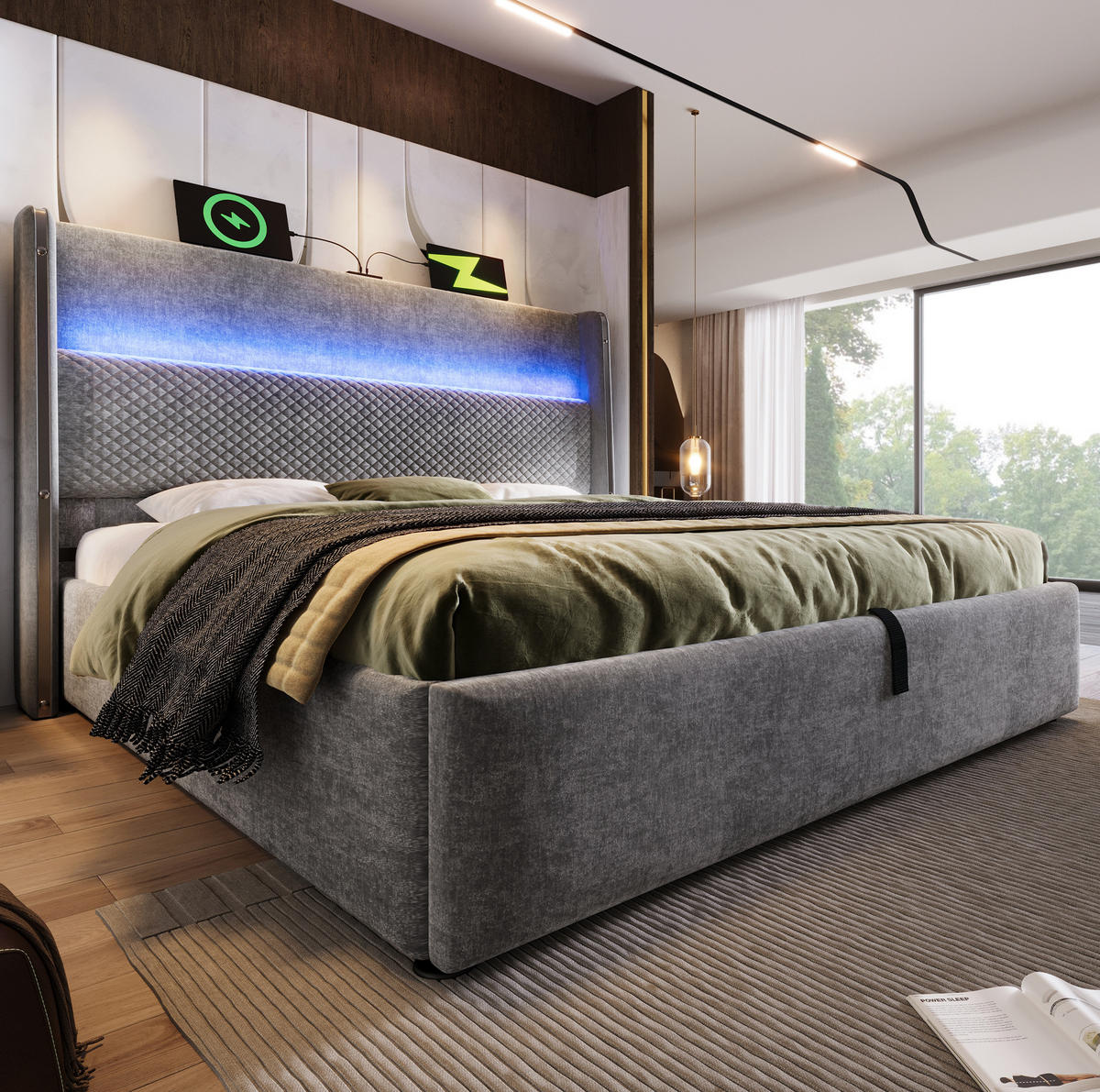 POLSTERBETT 160/200 cm grau aus Leinen mit LED, USB/Type-C und Stauraum inkl. Matratze - Grau, Textil (160/200cm) - OKWISH