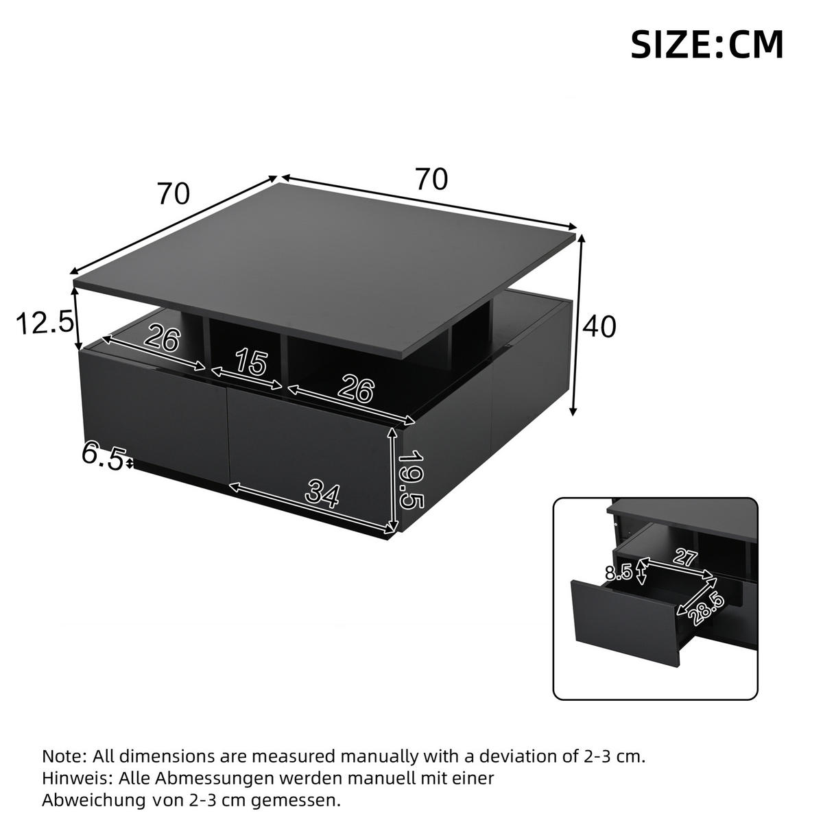 COUCHTISCH 70/70/40 cm Schwarz aus Spanplatte mit LED und 4 Schubladen - Schwarz, Holzwerkstoff (70/70/40cm) - OKMYHOME