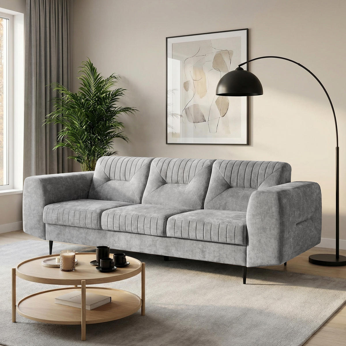 SOFA Venezia 3-Sitzer mit Metallbeinen, hellgrau, 233 cm - Hellgrau/Schwarz, Holzwerkstoff/Metall (223/85/94cm) - Beautysofa