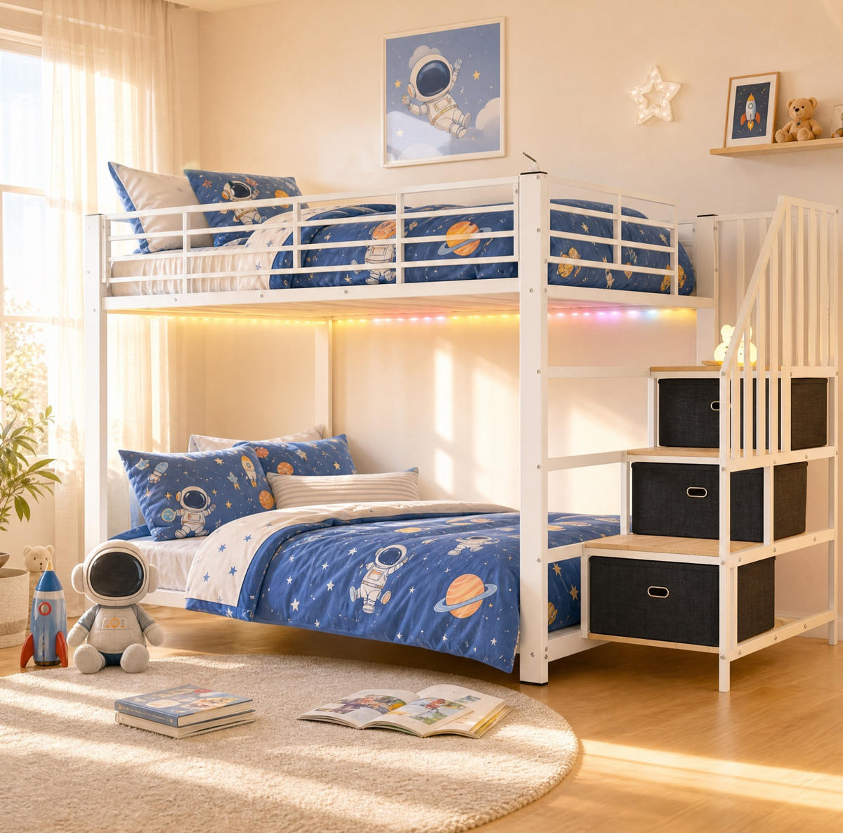 ETAGENBETT aus MDF und Metall 140x200 cm Weiß/Walnuss mit Stauraumtreppe, LED und USB-Anschlüssen - Weiß, Holzwerkstoff (140/200cm) - Modfu