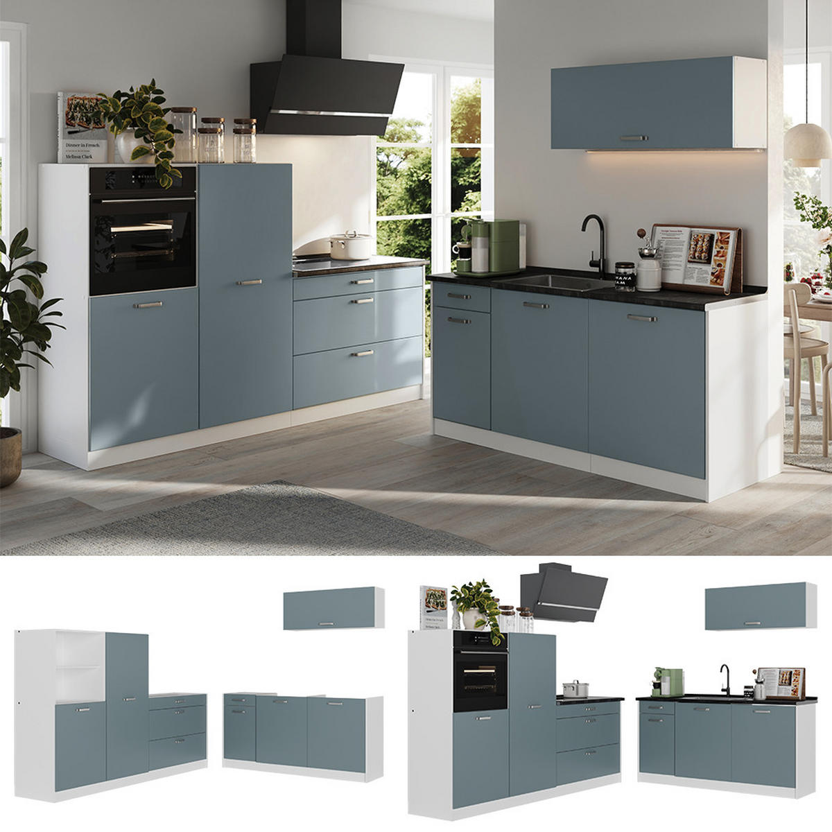 KÜCHENZEILE R-Line, Blau-Grau/Weiß, 220 cm ohne Arbeitsplatte - Blaugrau/Weiß, Holzwerkstoff (220/143/46cm) - Vicco